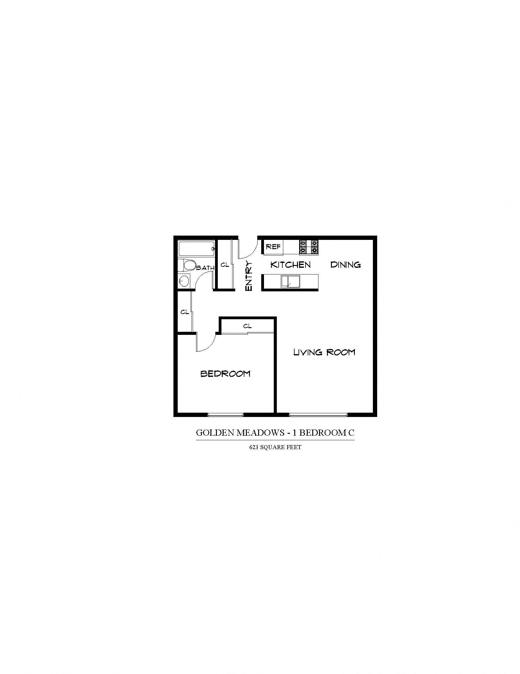 Floor plan for 1 bed, 1 bath, 623 sqft
